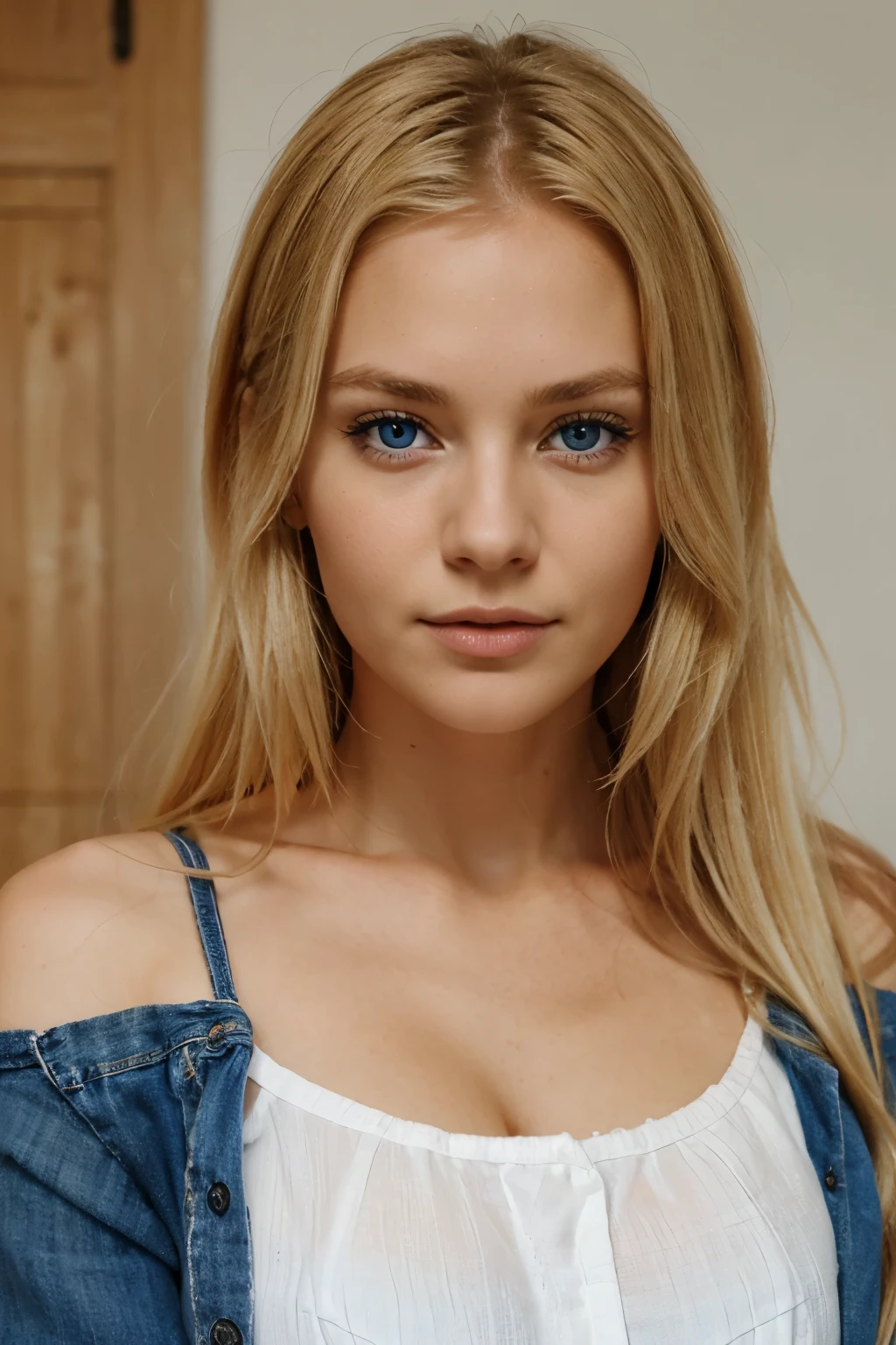 A close up of a woman with long blonde hair wearing a white top - SeaArt AI