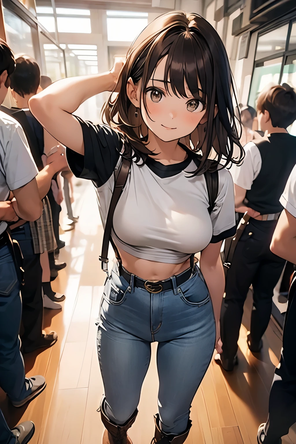 brown hair、looking at the viewer　　suspenders　　　Bulging big breasts　　 　 　　　　jeans　boots　　　　　Gaze　　　small face　bangs 　　　　　Beauty　　hands up　　 　Gaze 　黒いboots 　provocation　　armpit sweat　one person 　　put your hands behind your back　cutter shirt　　Black belt
