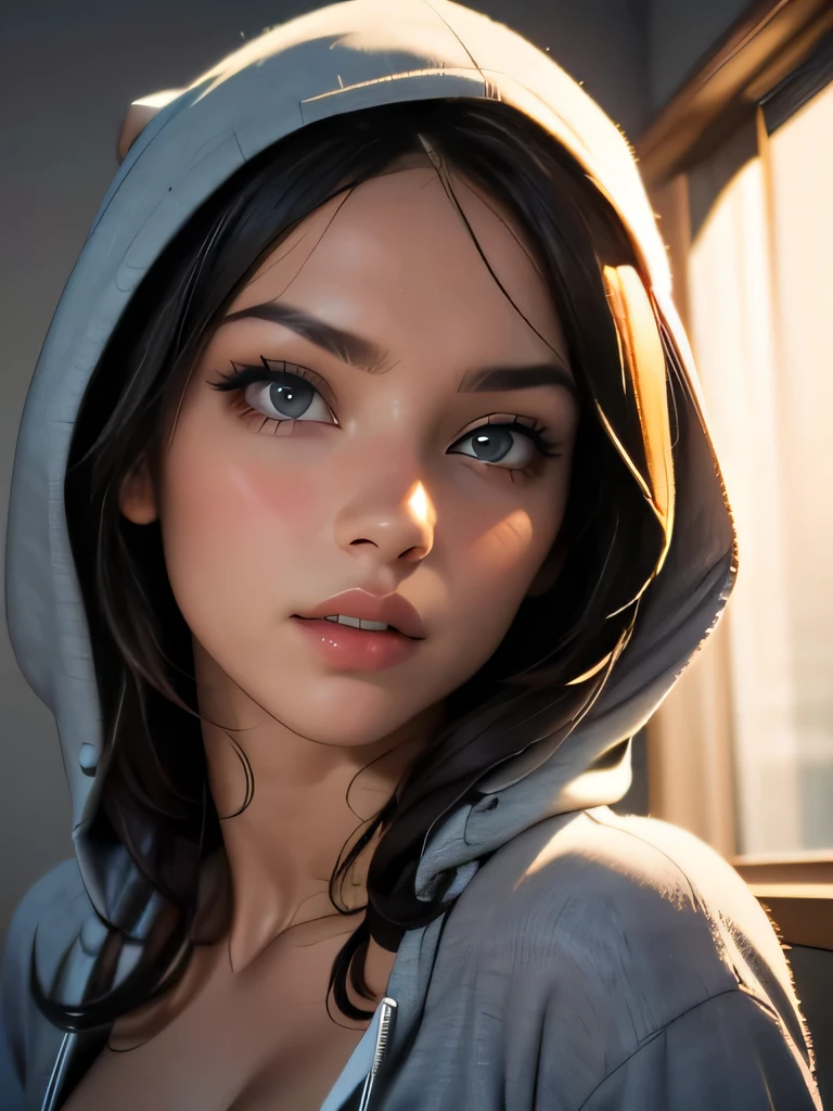 (((HD photo))), ultra high res.photorealistic:. 1.4, UHD, masterpiece, trending on artstation, upper body shot, close up shot of her face and cleavage, pretty, cute girl, most beautiful in the world, perfect hips, soft, delicate, long dark hair, slim body, large breasts, nsfw, wearing grey hoodie, sunkissed, apartment interior background