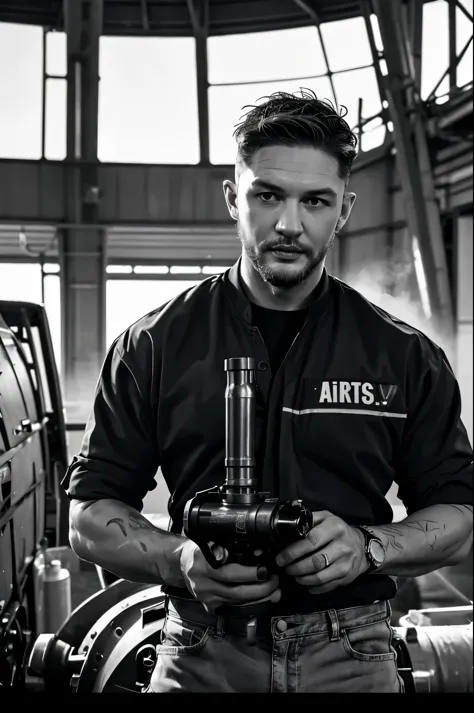 (Black and white photos), (actor Tom Hardy repairing an airplane engine), (holding a super large air gun Pneumatic Runner: 1.34), (face with oil stains), his fair and smooth skin is flawless, his eyes are deep, his chin and face are smooth, his muscles are...