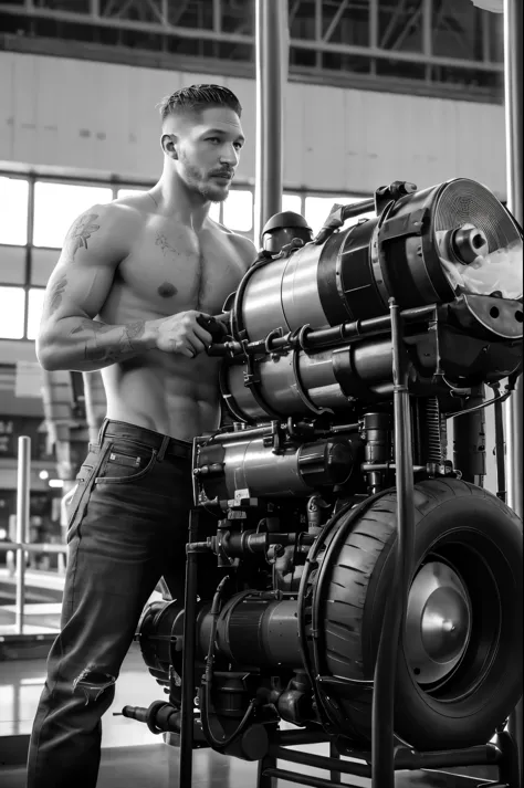 (Black and white photo shoot), (actor Tom Hardy is repairing an airplane engine), Tom Hardy (holding a super large air gun Pneumatic Runner: 1.34), (with oil stains on his face), his fair and smooth skin is flawless, his eyes are deep, his chin and face ar...