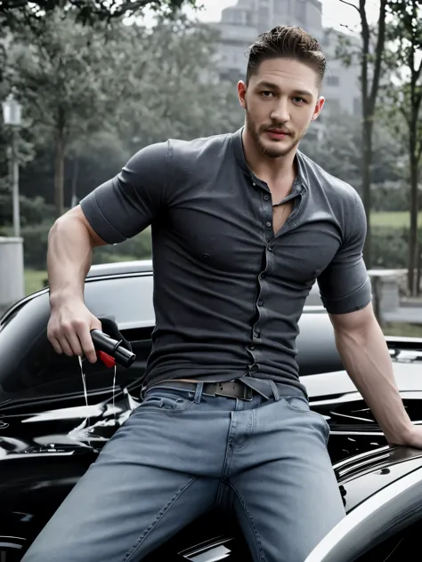 (Black and white photo shoot), (actor Tom Hardy is washing his car), Tom Hardy (holding a super large air gun Pneumatic Runner: 1.34), (with oil stains on his face), his fair and smooth skin is flawless, his eyes are deep, his chin and face are smooth, his...