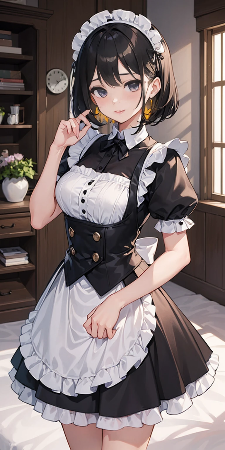 1girl, cute, ((Short black hair girl and long blonde hair girl)), maid victorian, maid apron, straight face, dazed, Body position: Standing, straight, symmetrical, barefoot, Lustful smile on face with red blush,
