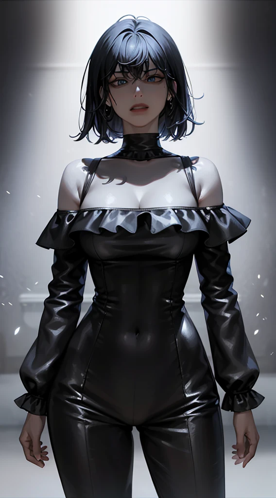 Off-the-shoulder attire，looks into camera，The upper part of the body，Black color hair，cleavage，tightsuit, (shirt, tie, pants:0.5) (detailed realistic face), (((hyperdetailed))), zoomed out, symmetrical face, detailed pupil, expressive eyes, makeup, real photography, modern look, Real photography (Realisitc:1.5), han Sooyoung, short hair