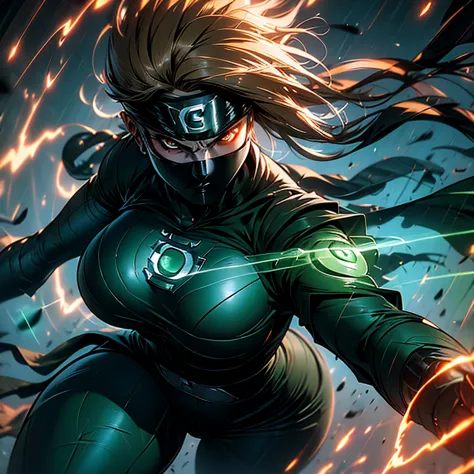 photo of black widow, seductive and powerful woman, ((detailed face:1.2)), ((big breasts)), ((green lantern suit)), ((action pos...