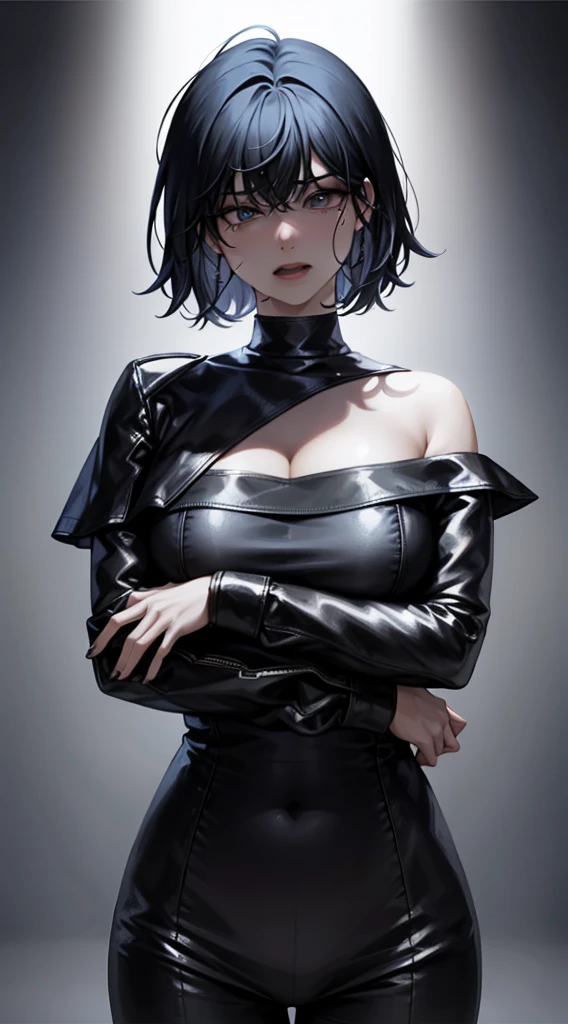 Off-the-shoulder attire，looks into camera，The upper part of the body，Black color hair，cleavage，tightsuit, (shirt, tie, pants:0.5) (detailed realistic face), (((hyperdetailed))), zoomed out, symmetrical face, detailed pupil, expressive eyes, makeup, real photography, modern look, Real photography (Realisitc:1.5), han Sooyoung, short hair, crazy, crazy eyes, yandere, begging, desperate, disheveled, messy hair, crying, tears, clutching heart