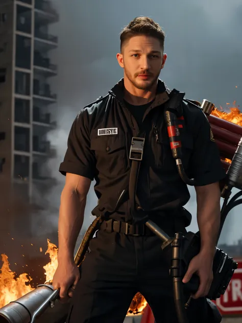 (Black and white photo shoot), (Firefighter actor Tom Hardy is extinguishing the fire), Tom Hardy (holding a super large air gun Pneumatic Runner: 1.34), (with oil stains on his face), his fair and smooth skin is flawless, his eyes are deep, his chin and f...