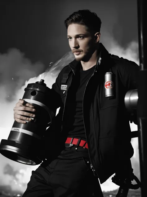 (Black and white photo shoot), (Firefighter actor Tom Hardy is extinguishing the fire), Tom Hardy (holding a super large air gun Pneumatic Runner: 1.34), (with oil stains on his face), his fair and smooth skin is flawless, his eyes are deep, his chin and f...