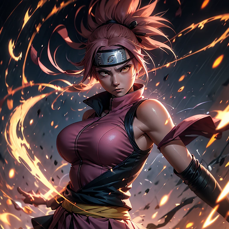 Sakura from Naruto Shippuden, known for her determination and healing abilities, is a young woman with a fiery spirit. At 25 years old, she possesses long, flowing pink hair and expressive, deep-set brown eyes. Dressed in her signature ninja attire, she dons a vibrant pink vest and a yellow-belted skirt. The distinctive feature of Sakura's appearance in this description is her full and ample bust, adding allure to her strong and capable character.