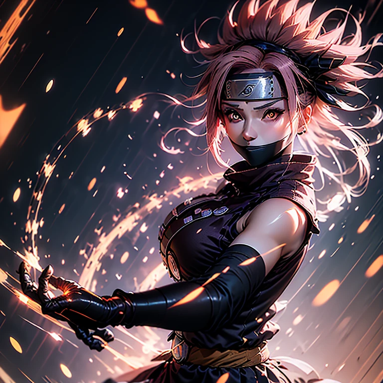 Sakura from Naruto Shippuden, known for her determination and healing abilities, is a young woman with a fiery spirit. At 25 years old, she possesses long, flowing pink hair and expressive, deep-set brown eyes. Dressed in her signature ninja attire, she dons a vibrant pink vest and a yellow-belted skirt. The distinctive feature of Sakura's appearance in this description is her full and ample bust, adding allure to her strong and capable character.