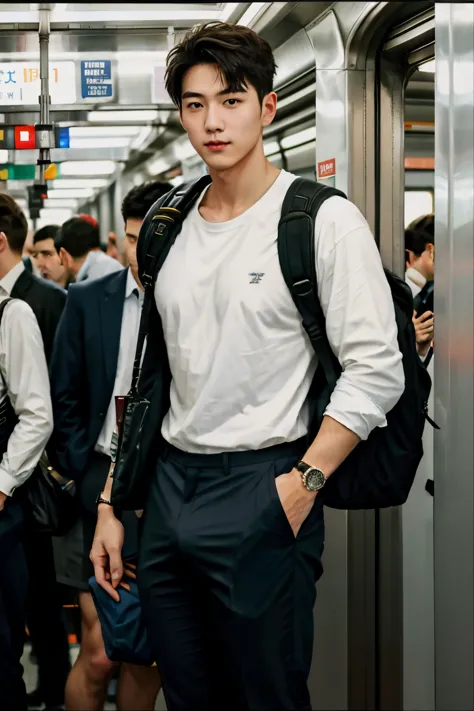 1人，A 20-year-old man in the subway，Standing in a subway car，Ultra-flat head，Wearing a suit and pants，huge bulge,  leg apart，musc...