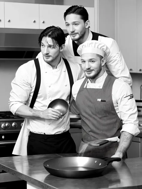 (Black and white photo shoot), (Michelin chef actor Tom Hardy is stir frying), Tom Hardy (carrying a super large frying pan: 1.34), (with oil stains on his face), with deep eyes, smooth chin and face, well-developed muscles, wearing chef clothes, (unusuall...