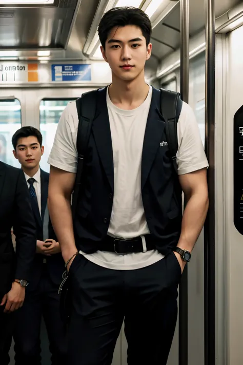 1人，A 20-year-old man in the subway，Standing in a subway car，Ultra-flat head，Wearing a suit and pants，huge bulge,  leg apart，musc...