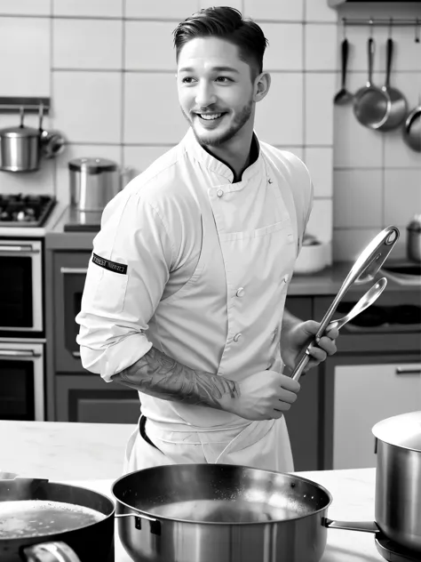 （Black and white photo shoot），（Michelin chef Tom Hardy is cooking），（He&#39;s carrying a huge frying pan：1.34），（There are oil stains on his face），Deep eyes，Smooth chin and face，muscular，Tom Hardy in chef uniform，（Abnormally short round hair style），Exaggerat...