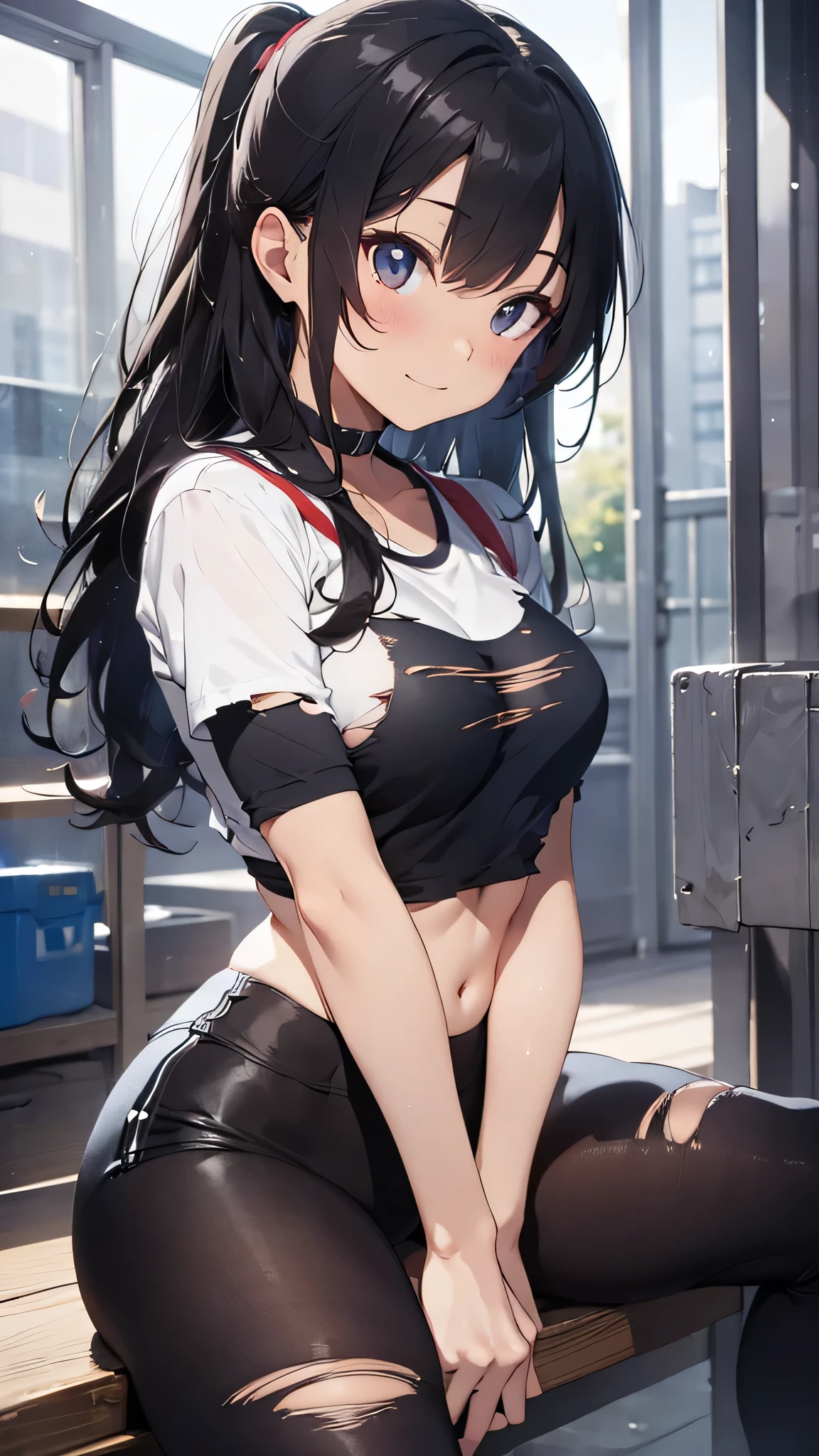 Anime girl sitting on a bench with her legs crossed - SeaArt AI