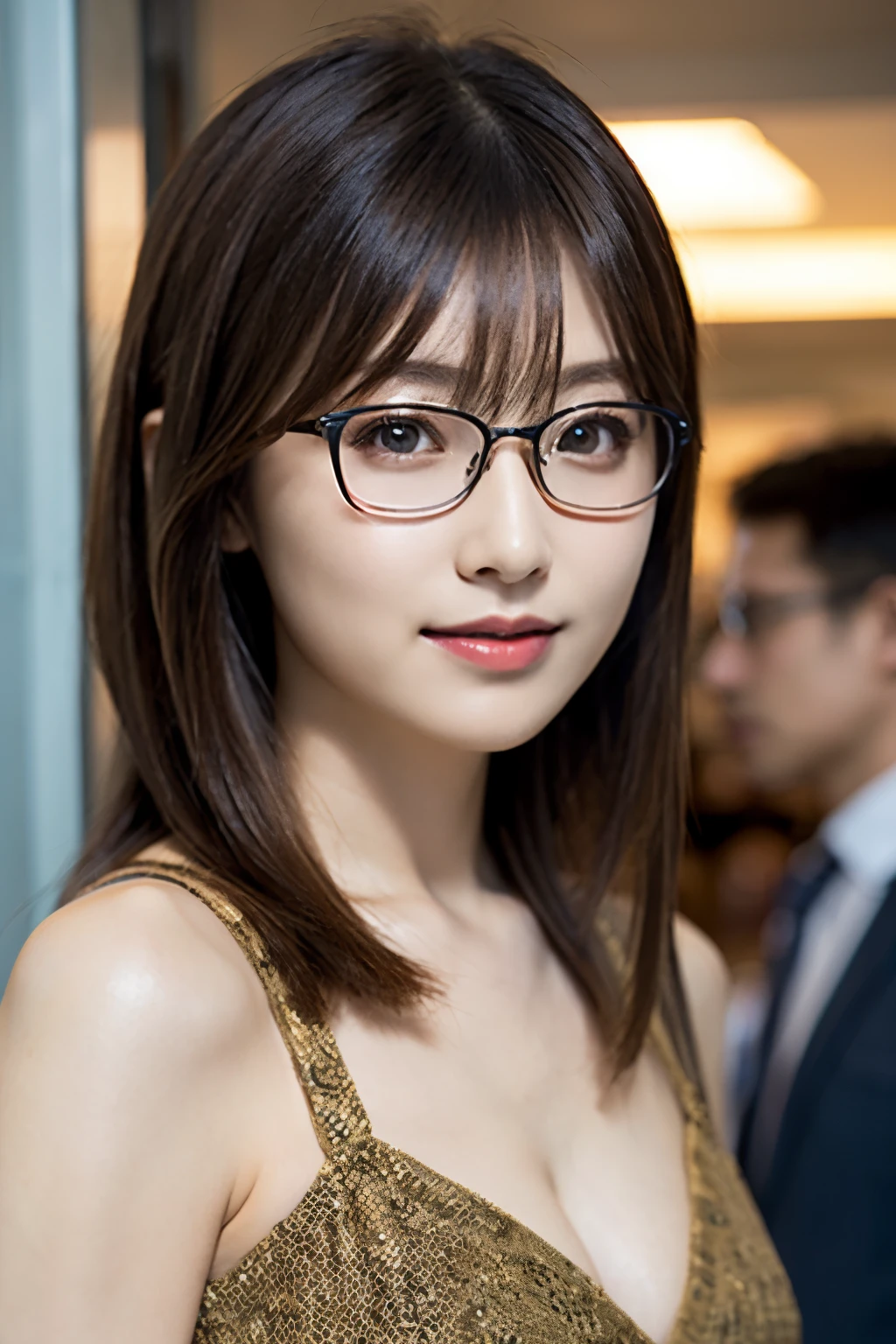 (8K、Raw photography、top-quality、​masterpiece:1.2)、(realisitic、Photorealsitic:1.37)、ultra-detailliert、超A high resolution、女の子1人、see the beholder、beautifull detailed face、A smile、Constriction、(Slim waist) :1.3)、length hair、Beautiful detailed skin、Skin Texture、Floating hair、Wearing a suit、Professional Lighting、Inside the office、Square glasses with black edging 、Whole human body、Brown hair