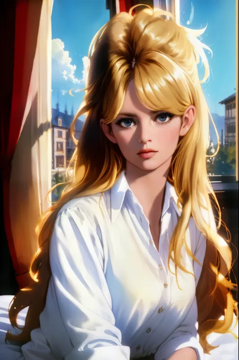 a Realistic Full Portrait of a bbardot woman with long blonde hair and dark eye makeup, Beautiful, Detailed face, Perfect Eyes, (highly detailed skin:1.1), ((wearing a white shirt)), sitting on a bed, window, curtains waving, sunny sky outside the window, ...