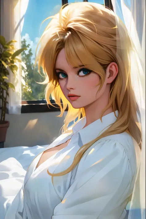 a Realistic Full Portrait of a bbardot woman with long blonde hair and dark eye makeup, Beautiful, Detailed face, Perfect Eyes, (highly detailed skin:1.1), ((wearing a white shirt)), sitting on a bed, window, curtains waving, sunny sky outside the window, ...