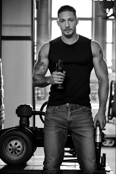 (Black and white photo shoot), (actor Tom Hardy is repairing an airplane engine), Tom Hardy (holding a super large air gun Pneumatic Runner: 1.34), (with oil stains on his face), his fair and smooth skin is flawless, his eyes are deep, his chin and face ar...
