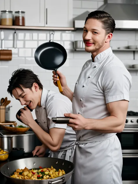 (Black and white photo shoot), (Michelin chef actor Tom Hardy is stir frying), Tom Hardy (carrying a super large frying pan: 1.34), (with oil stains on his face), with deep eyes, smooth chin and face, well-developed muscles, wearing chef clothes, (unusuall...