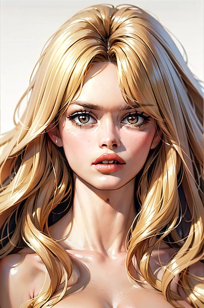 ((bbardot aesthetic)), ((masterpiece)),(((best quality))), ((mature face)), defined cheekbones, high cheekbones, illustration, ((muscular)), ((gold)), sexy bimbo, (large breasts) , blonde hair, ((detailed face:1.4)) beautiful woman, (white skin) , (red lipstick), shiny skin, ((skindentation)), scribbles and marks,(puffy lips) ,  8k,16k, ( background, white background: 1.3) ((warm color palette)), ((ancient aesthetic))