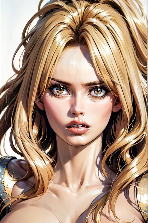 ((bbardot aesthetic)), ((masterpiece)),(((best quality))), ((mature face)), defined cheekbones, high cheekbones, illustration, ((muscular)), ((gold)), sexy bimbo, (large breasts) , blonde hair, ((detailed face:1.4)) beautiful woman, (white skin) , (red lip...