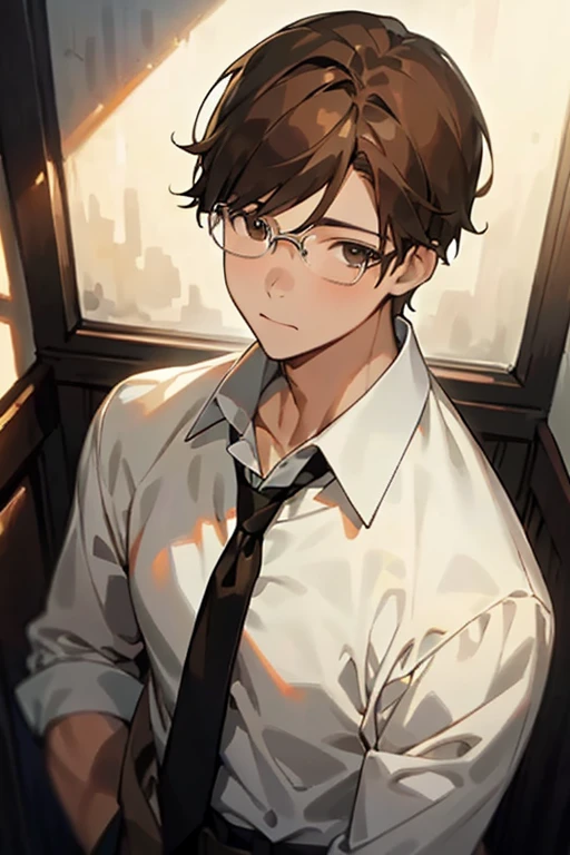 masterpiece, 最high quality, high quality, 1 boy, alone, male focus, looking at the viewer, Upper body, Manat, brown hair, brown eyes, wearing glasses, formal, tie, dress shirt