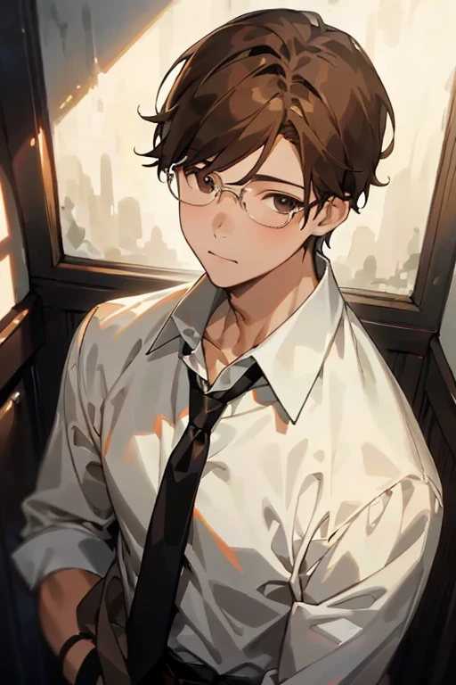 masterpiece, 最high quality, high quality, 1 boy, alone, male focus, looking at the viewer, Upper body, Manat, brown hair, beautiful brown eyes, wearing glasses, formal, tie, dress shirt