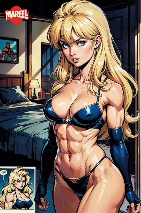 Comic Storyboard:1.8, cartoon strip,comic:((bbardot aesthetic)), illustration, ((muscular)), (large breasts) , blonde hair, in the style of Marvel Comics