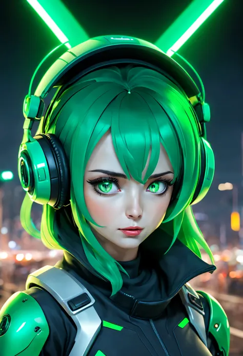 mujer exuberante, athletic , ojos verdes, vestida con armadura mecha, con casco y auriculares, se encuentra en centro de control...