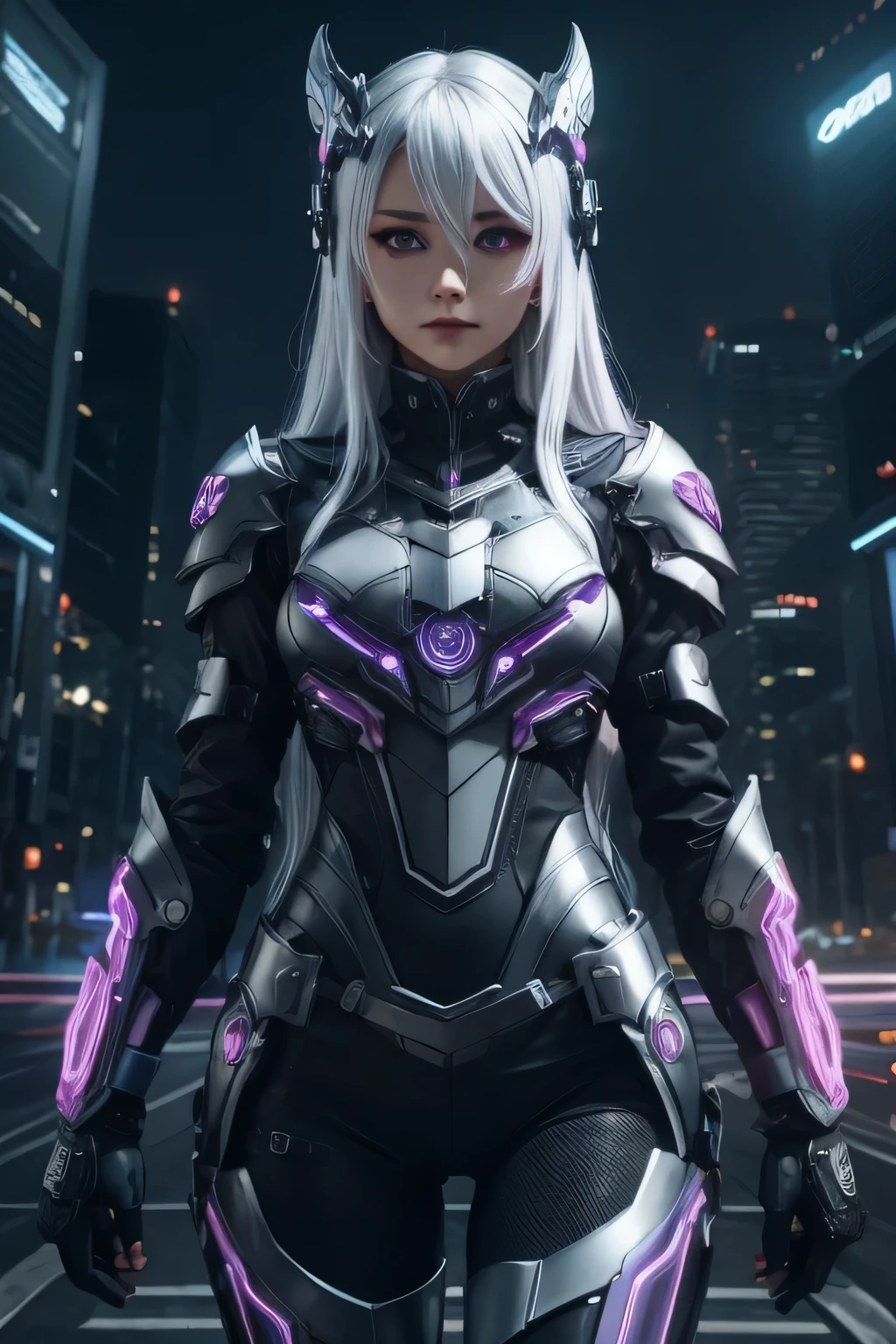 1girl, solo, white hair, long hair, purple eyes, medium breasts,

intricate mechanical armor, neon trim, black bodysuit, headpiece,

outdoors, night, neon lights,

standing, looking at viewer, expressionless,