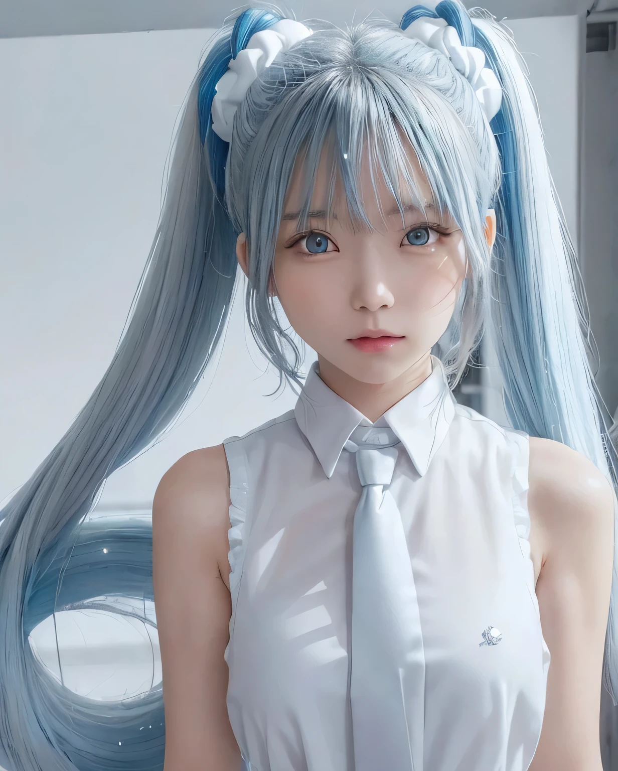 {The theme is Hatsune Miku}、(white crazy long hair:1.5)、twin tails、((blue ribbon scrunchie))、(White Sleeveless Long Shirt:1.3)、, shiny hair, expressive hair, crystal hair, gradient eyes, Artistic, conceptual art, glitter effect , shine, uhd, retina, masterpiece, Accurate, anatomically correct, Super detailed, high detail, fine skin,((flat body、slim、cute:1.3))、((Crystal of snow:1.2))、(Blue tie:1.2)、(Crystal of snow painting background:1.3)