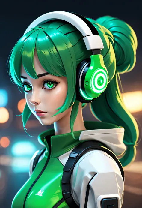 mujer exuberante, athletic , ojos verdes, vestida con armadura mecha, con casco y auriculares, se encuentra en centro de control...