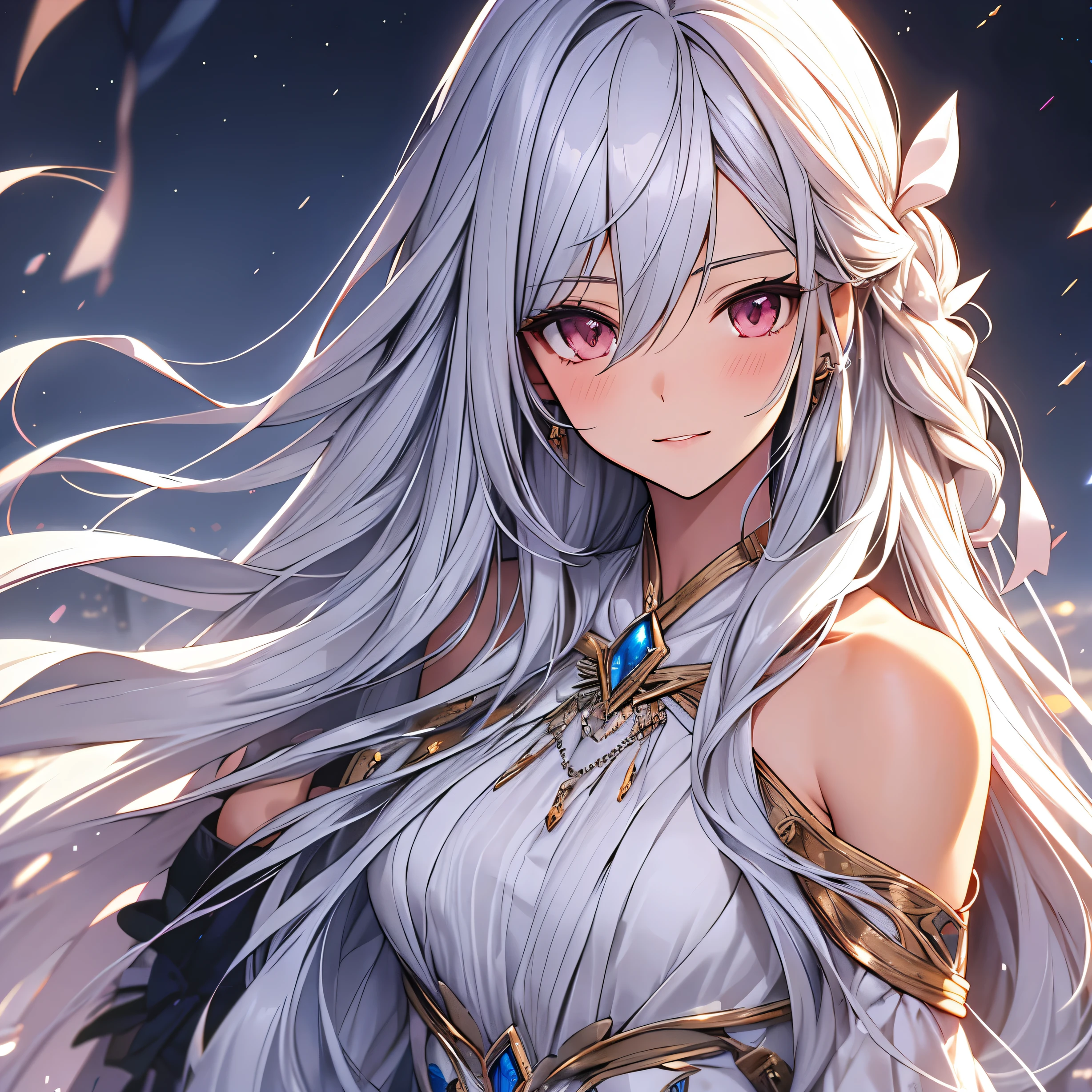 long hair, (crystal earrings:0.7), (blush, smile:0.8), silver hair, (hair strand:0.9), (ribbon:1.1), (parted lips:0.9), (ultra-detailed, highres:1.0), silver hair, (tachi-e:1.2), anime style,(character chart:1.1)