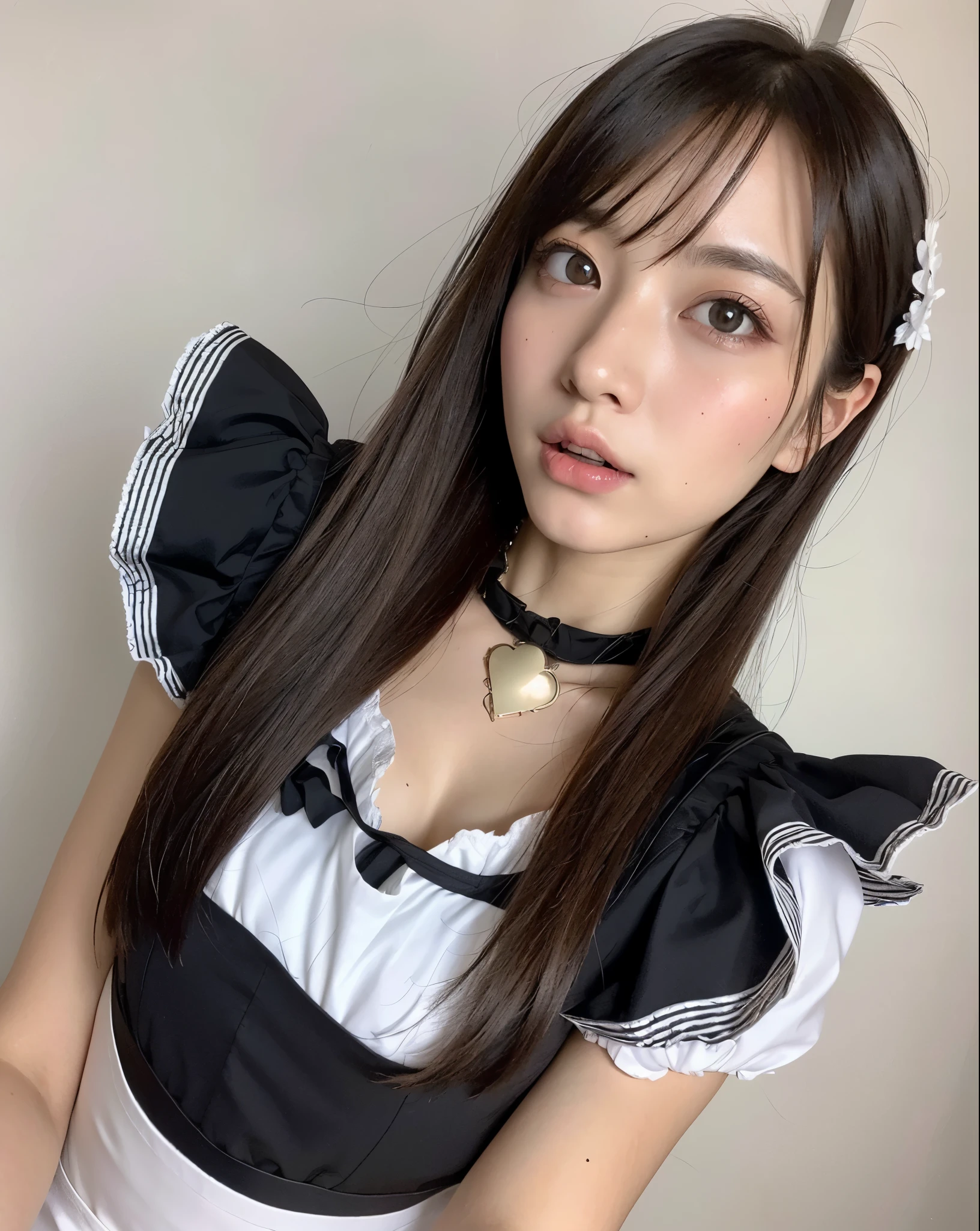 A close up of a woman wearing a maid outfit posing for a picture - SeaArt AI