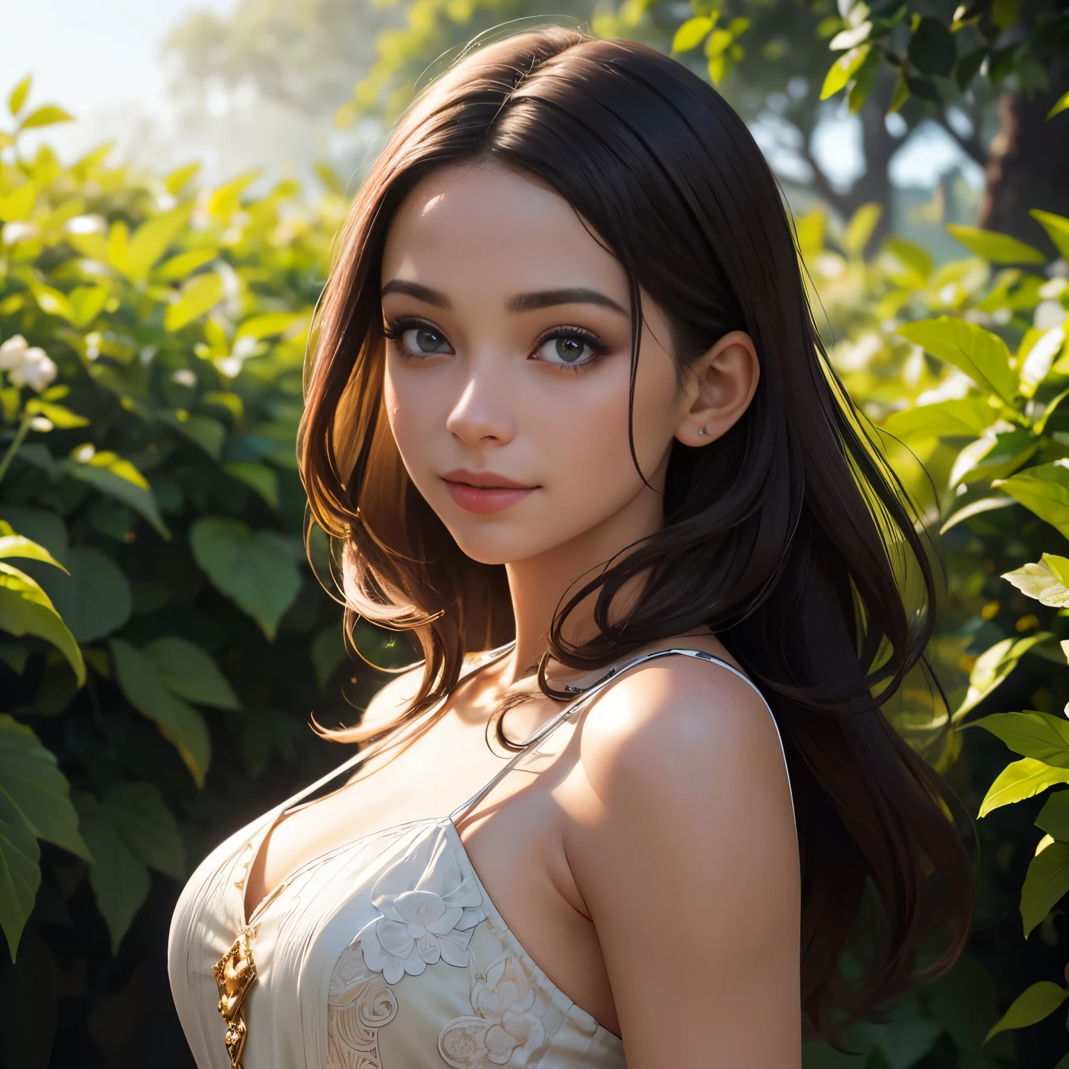 AI beleza,melhor qualidade,4k,8k,high resolution,obra de arte:1.2,ultra-detalhado,(realista,photorealista,photo-realista:1.37),Retratos,cores vivas,soft lighting,lindos olhos detalhados,beautiful detailed lips,pele brilhante,Sorriso gentil,cabelo perfeitamente estilizado,postura graciosa,vestido arejado,romantic atmosphere,flores delicadas no fundo,maquiagem sutil,simetria facial,tom de cor quente,sublime expression,Mystery suggestion,harmonious composition,ethereal beauty,sophisticated elegance,tez luminosa,Recursos requintados,Playful charm,olhar intenso,Sublime aesthetics,impeccable attention to detail,enchanted scenery,ambiente sereno,artistic purity,Divine Essence,delicadeza sublime,Hypnotic fascination