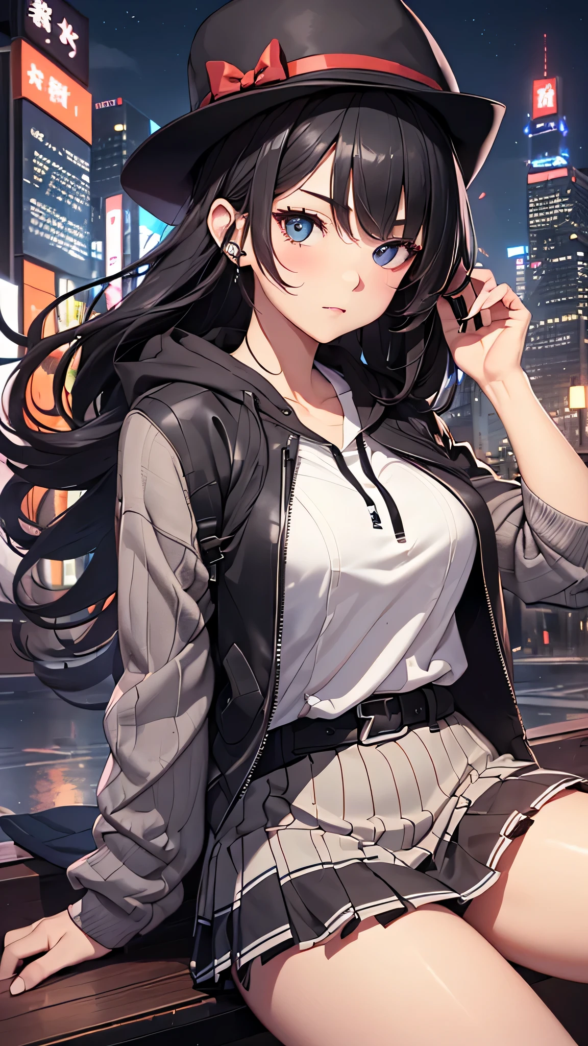 Anime girl sitting on a bench in a city at night - SeaArt AI