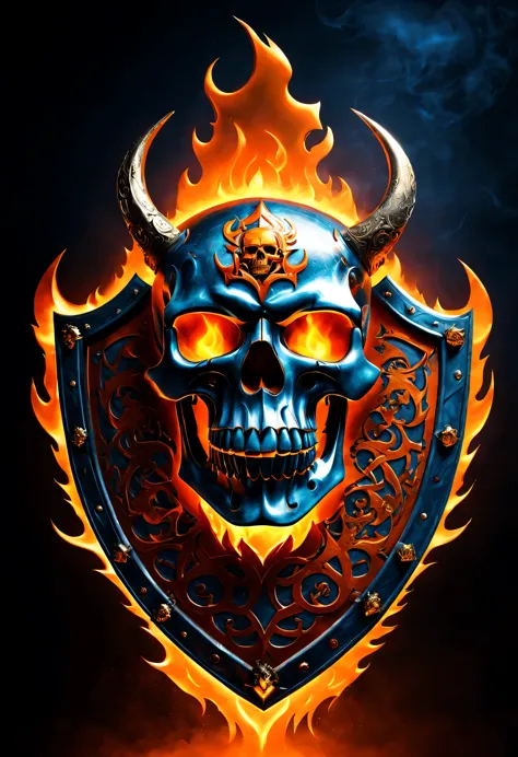 Flame Skeleton King Shield,metallic feel,Detailed skull and fiery eyes,Ornate pattern of flames and bones,glowing embers,high contrast,Dark background with sparkles,fantasy theme,Ominous atmosphere,dynamic composition,light through flames,Cracks and scratc...