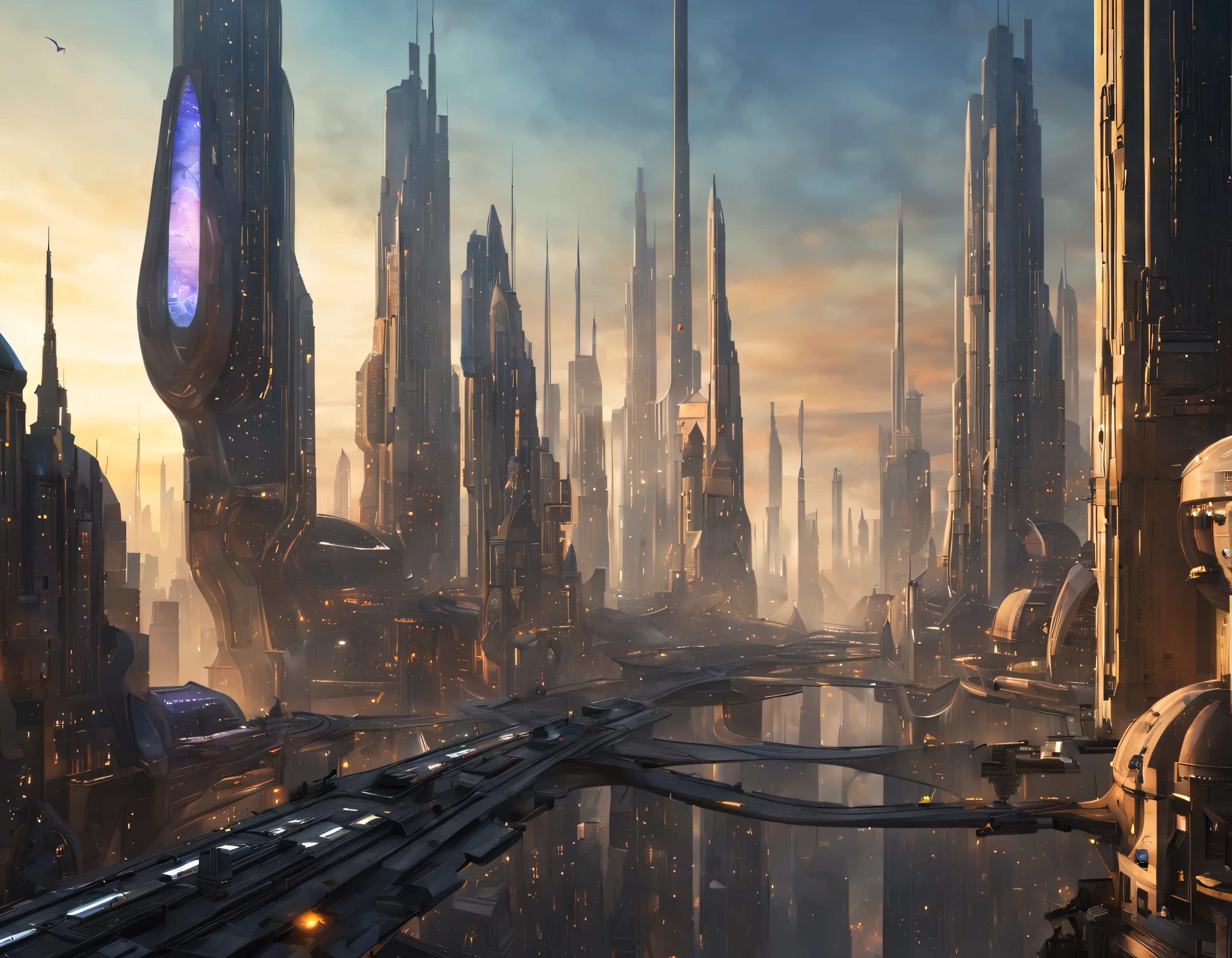 (The city of Coruscant from Star Wars as designed by Doug Chiang), futuristic fantasy city with immense buildings of technological design (that form an infinite avenue), non-blurred compactor buildings with metallic appearance, lights in windows in buildings, daytime lighting with sun, with spectacular glass structures, (with bright colors). sunny pavement (dull). people walking. well defined image with many buildings together. sharp well defined 8k image. the buildings reach high into the background.,8k. cinematographic image. ((top quality masterpiece)). (3d rendering).