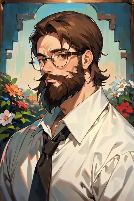 masterpiece, 最high quality, high quality, man 1、50 years old,alone, male focus, looking at the viewer, Upper body, face with beard, brown hair, brown eyes, wearing glasses, formal, tie, dress shirt