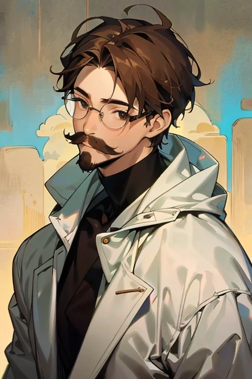 masterpiece, 最high quality, high quality, man 1、30 years old,alone, male focus, Appears to be thinking, Upper body, face with mustache, brown hair, brown eyes, wearing glasses, doctor、wearing a white coat