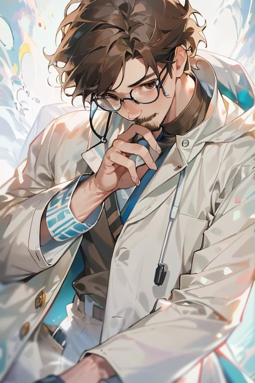 masterpiece, 最high quality, high quality, man 1、30 years old,alone, male focus, Appears to be thinking, Upper body, face with mustache, brown hair, brown eyes, wearing glasses, doctor、wearing a white coat