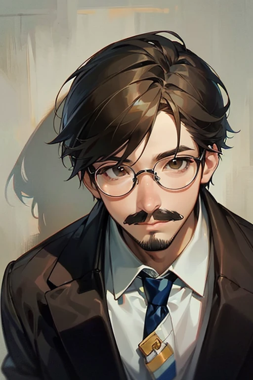 masterpiece, 最high quality, high quality, man 1、30 years old,alone, male focus, Appears to be thinking, Upper body, face with mustache, Undisturbed black hair styled with pomade, brown eyes, wearing glasses, doctor、wearing a formal white coat