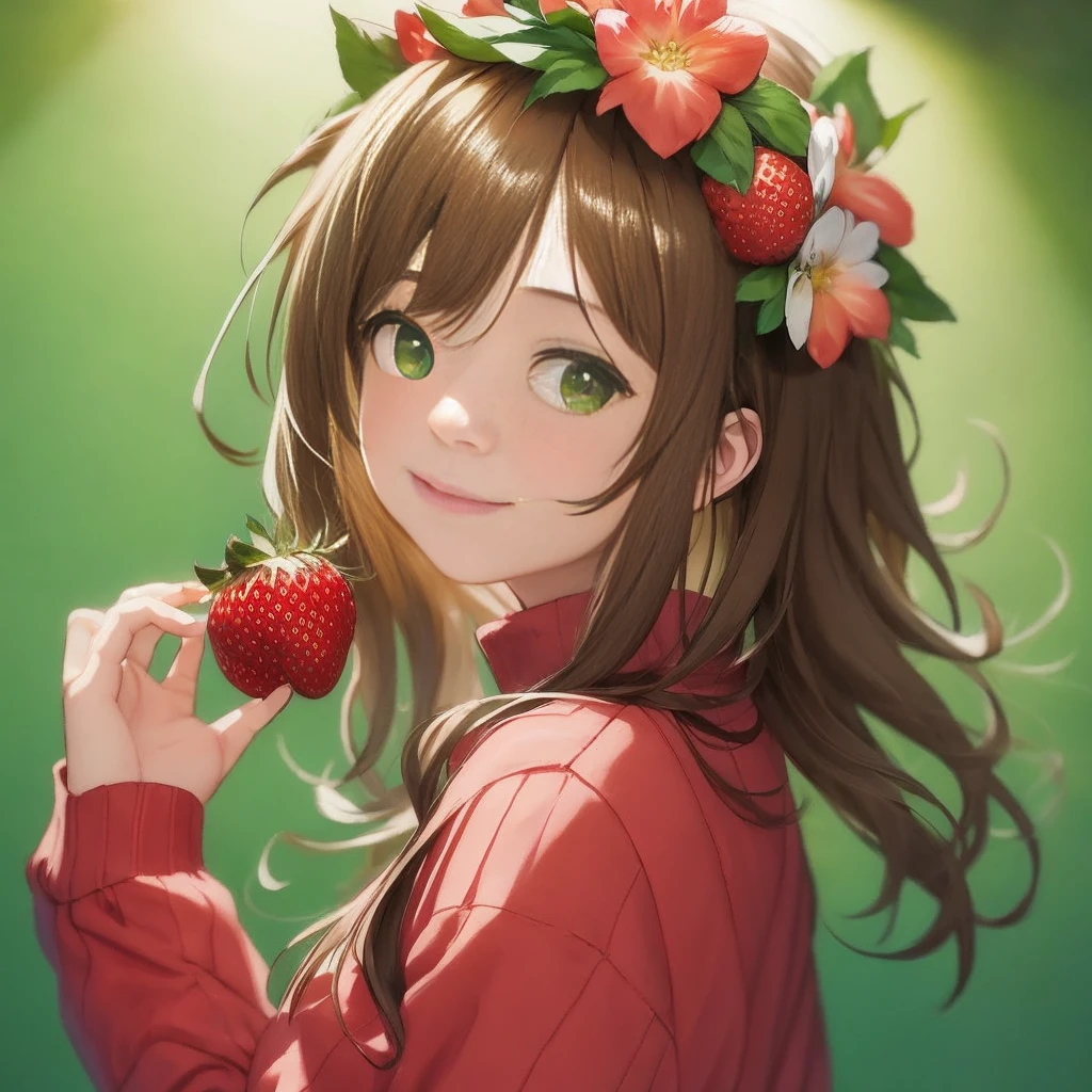 Anime-Mädchen mit Blumenkrone hält eine Erdbeere in der Hand, Kawaii realistisches Porträt, kawacy, süßes Anime-Mädchen, Anime-Bild eines süßen Mädchens, Anime-Moe-Kunststil, süßes Anime-Mädchen portrait, hochwertiger Anime-Kunststil, marin kitagawa fanart, [[[[böse grinsend]]]], Hochwertiges Porträt, süßes Anime-Mädchen portraits