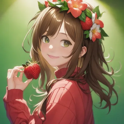 anime girl with flower crown holding a strawberry in her hand, kawaii realistic portrait, kawacy, cute anime girl, anime visual ...