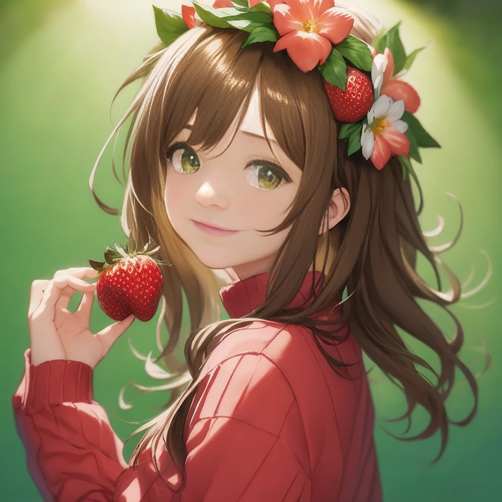 chica anime con corona de flores sosteniendo una fresa en la mano, Retrato realista kawaii, tipo, linda chica anime, anime visual de una linda chica, Estilo artístico del anime Moe, linda chica anime portrait, estilo artístico anime de alta calidad, Yo también haré fanart., [[[[sonriendo malvadamente]]]], retrato de alta calidad, linda chica anime portraits