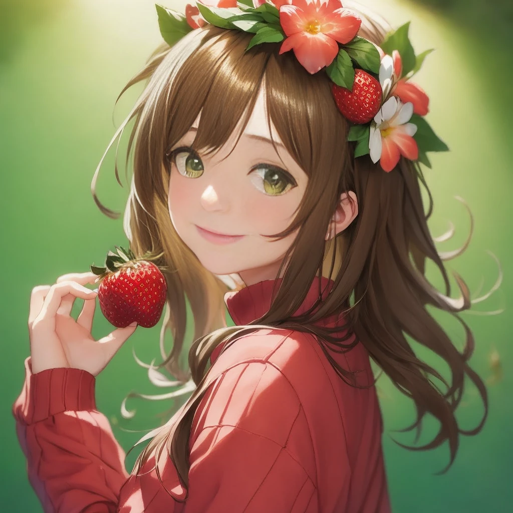 chica anime con corona de flores sosteniendo una fresa en la mano, Retrato realista kawaii, tipo, linda chica anime, anime visual de una linda chica, Estilo artístico del anime Moe, linda chica anime portrait, estilo artístico anime de alta calidad, Yo también haré fanart., [[[[sonriendo malvadamente]]]], retrato de alta calidad, linda chica anime portraits