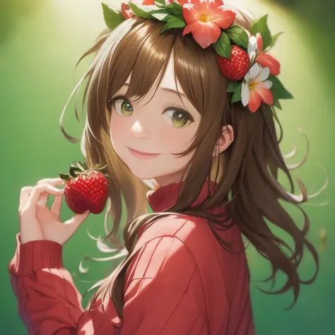 anime girl with flower crown holding a strawberry in her hand, kawaii realistic portrait, kawacy, cute anime girl, anime visual ...