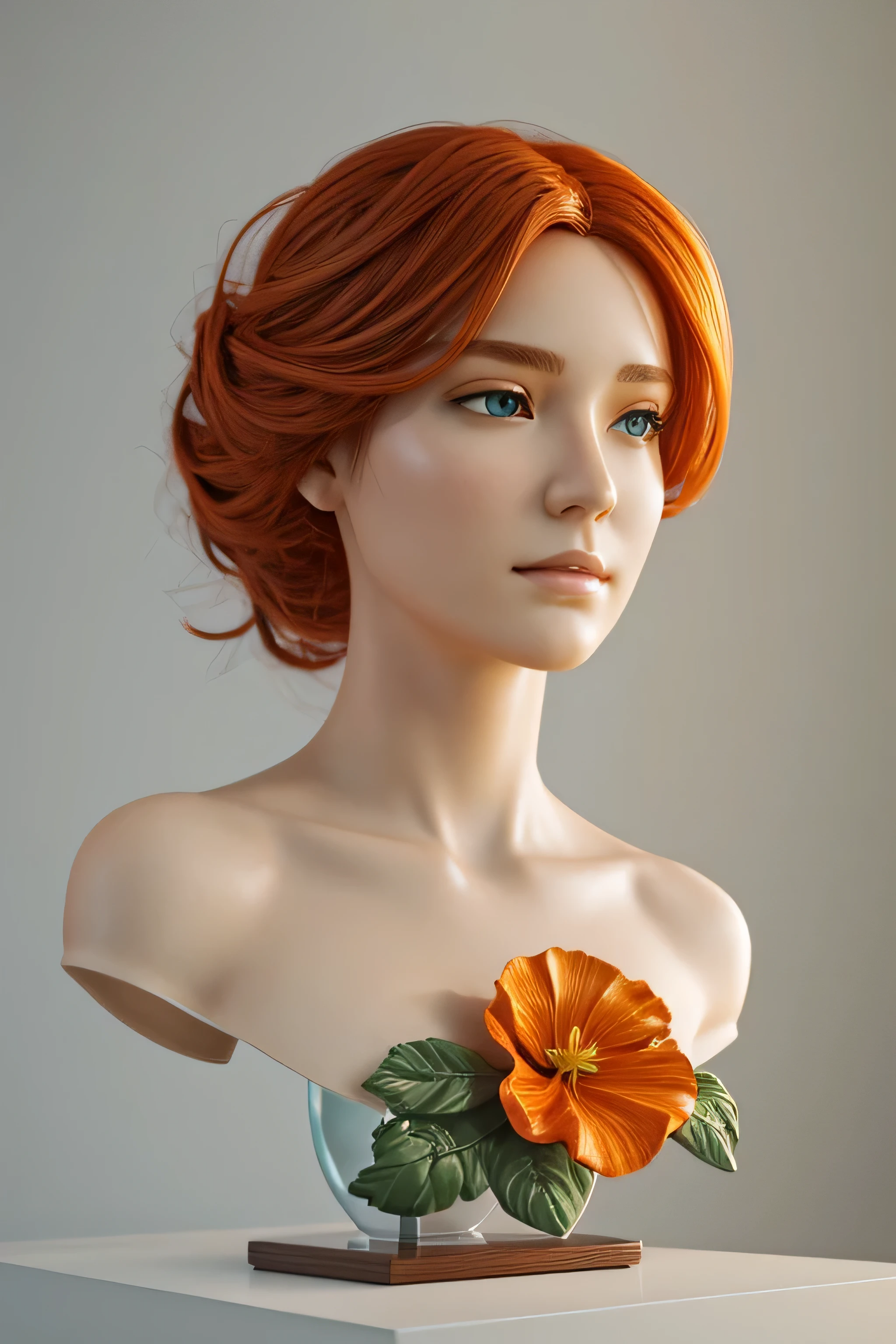 une belle sculpture en verre 3D d'une femme faite de polypore blanc, fleur de gloire du matin, vignes florales bohèmes, grand verre rond coloré de Murano à la poitrine volumineuse et aux cheveux orange, hibiscus jaune, allumé en haut, rendu d&#39;octane, éclairage doux, ultra détaillé, 8k, tendance dans Artstation, œuvre d'art de Barbara Hepworth ,tout en verre