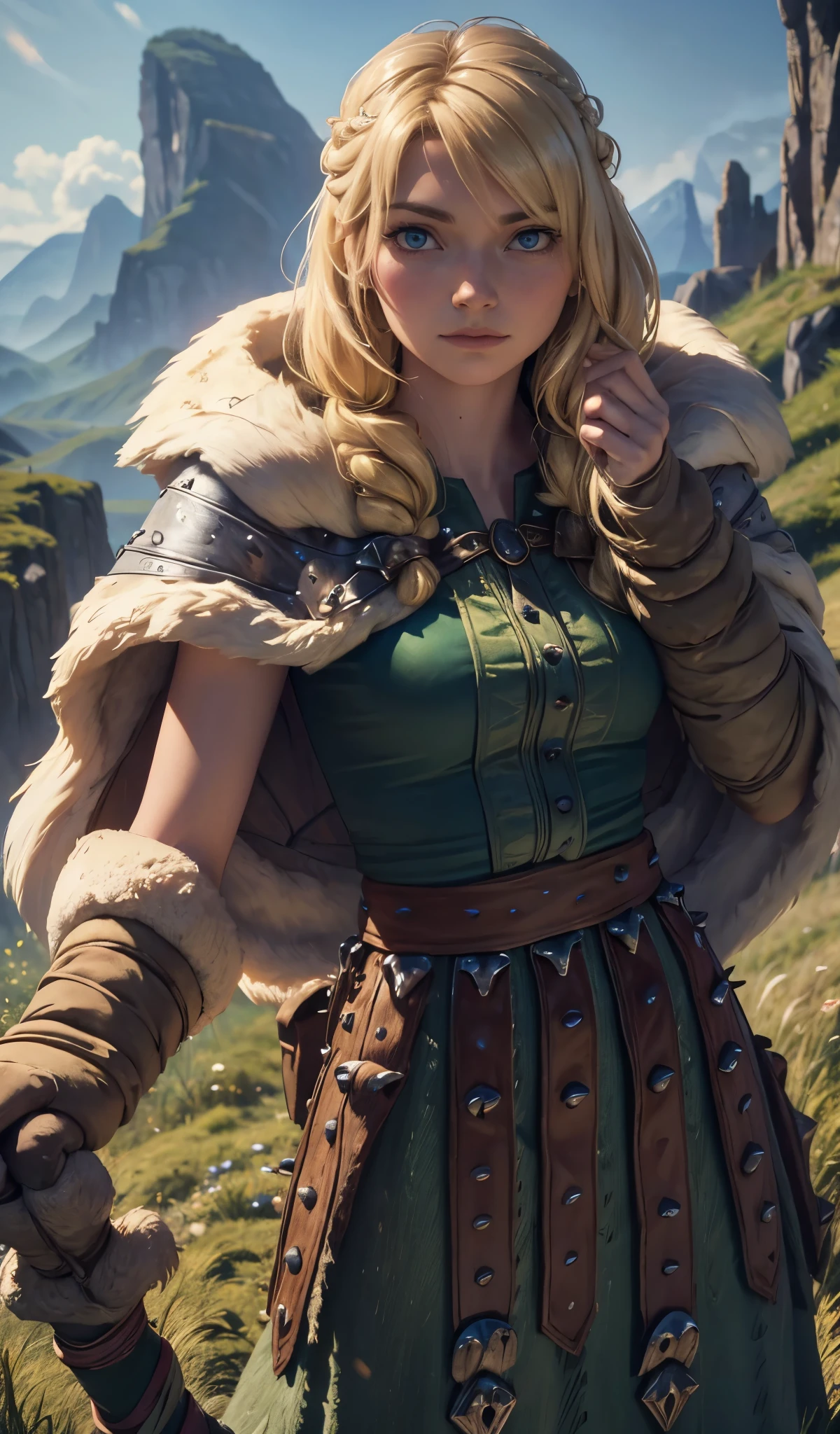 (best quality,4k,8k,highres,masterpiece:1.2),ultra-detailed,(realistic,photorealistic,photo-realistic:1.37),long, wavy blonde hair, strikingly beautiful face with bright blue eyes, delicate eyebrows, high cheekbones, button nose, full and rosy lips, slender and athletic built, wearing a Viking-inspired outfit with a leather vest, fur-lined cape, and a long skirt, holding a dragon-themed staff with intricate carvings, standing confidently with one foot forward and a determined expression, surrounded by a stunning landscape of lush green meadows, towering mountains, and a clear blue sky, sunlight casting a warm golden glow on Astrid and the surroundings, capturing the adventurous spirit and strength of Astrid as she looks towards the horizon, ready to embark on a new dragon-training journey.